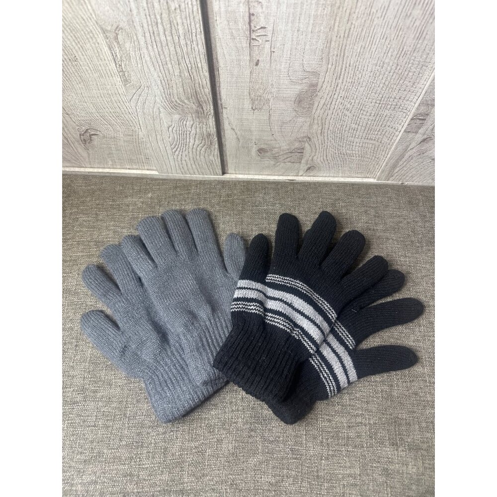 Warm Knit Winter Gloves Gray Black Striped & Solid Gray Fleece Lining Lot of 2